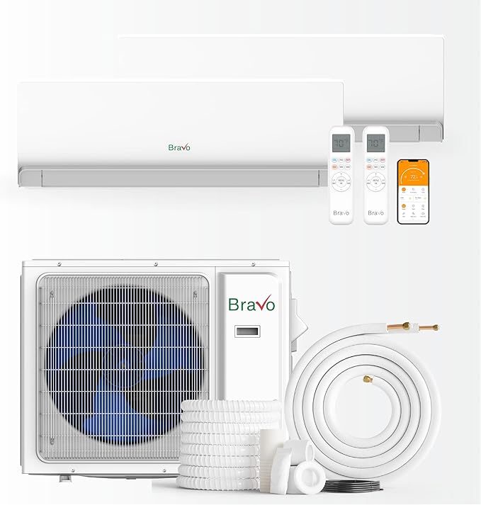 BRAVO 24,000 BTU Dual Zone 12000 + 12000 BTU Wall Mount Ductless Mini Split A/C and Heater with 16ft Installation Kits