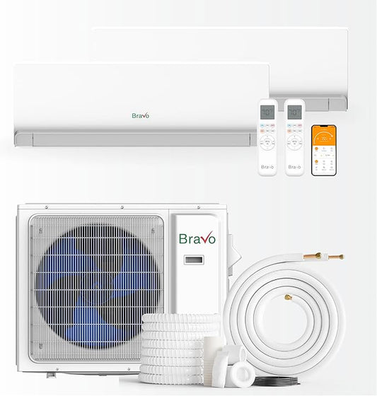 BRAVO 24,000 BTU Dual Zone 12000 + 12000 BTU Wall Mount Ductless Mini Split A/C and Heater with 16ft Installation Kits