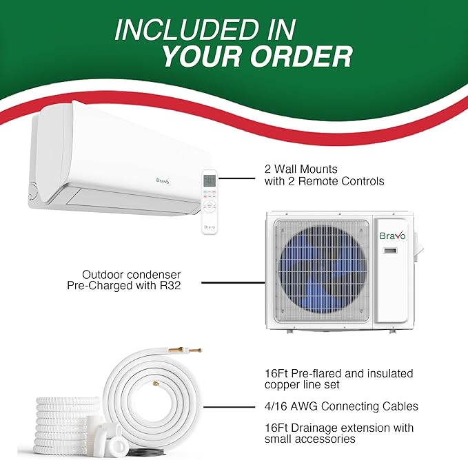 BRAVO 24,000 BTU Dual Zone 12000 + 12000 BTU Wall Mount Ductless Mini Split A/C and Heater with 16ft Installation Kits